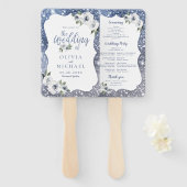 Sparkle blauwe glitter en bloemenbruiloft programm handwaaier (Voorkant en achterkant)