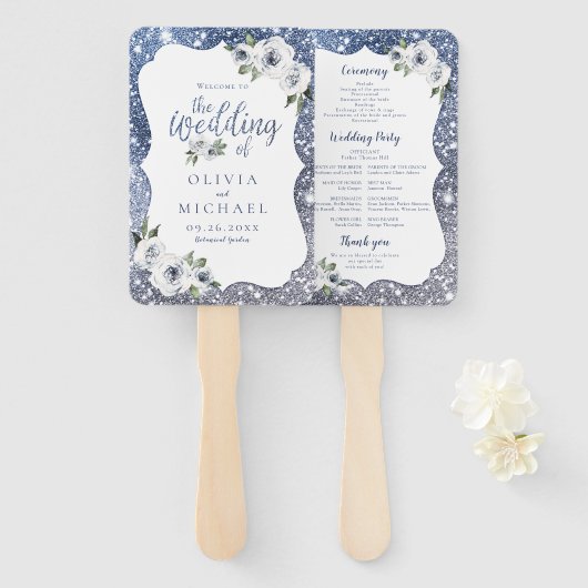 Sparkle blauwe glitter en bloemenbruiloft programm handwaaier (Voorkant en achterkant)