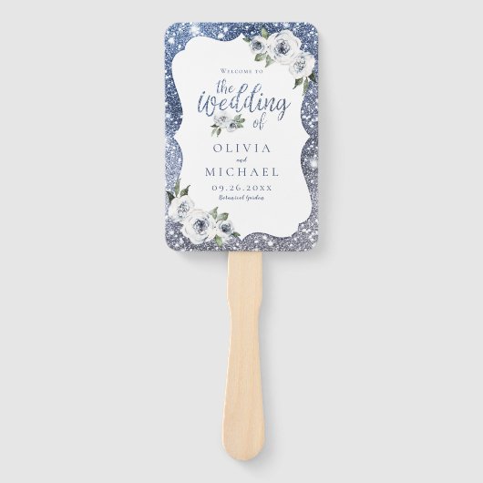 Sparkle blauwe glitter en bloemenbruiloft programm handwaaier (Voorkant)