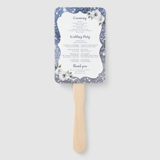 Sparkle blauwe glitter en bloemenbruiloft programm handwaaier (Achterkant)