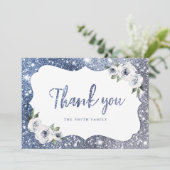 Sparkle blauwe glitter en bloemendank u kaart (Staand voorkant)