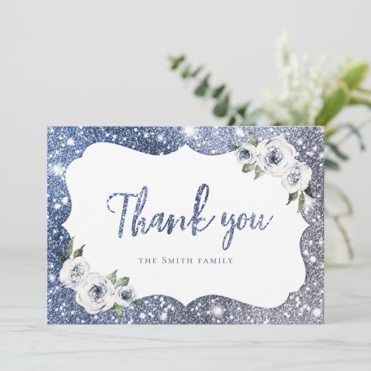 Sparkle blauwe glitter en bloemendank u kaart (Staand voorkant)