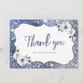 Sparkle blauwe glitter en bloemendank u kaart (Voorkant / Achterkant)