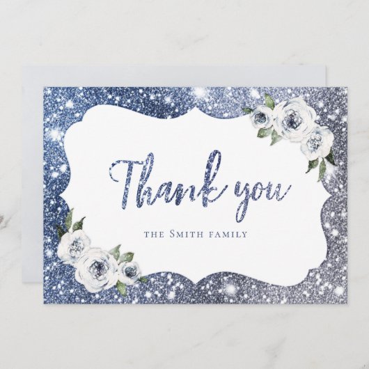 Sparkle blauwe glitter en bloemendank u kaart (Voorkant / Achterkant)