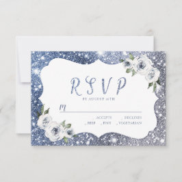 Sparkle blauwe zilveren glitter bloemenbruiloft RS RSVP Kaartje