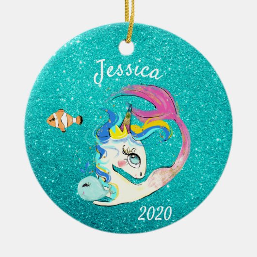 Sparkle Blauwgroen Mermaid Unicorn Speciaal glitte Keramisch Ornament (Voorkant)
