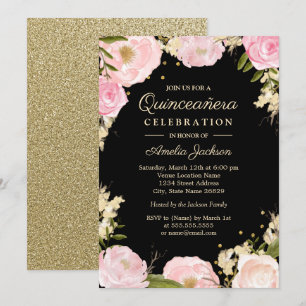 Sparkle Bloem Goud Roze Zwart Quinceanera Kaart