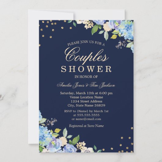Sparkle Bloemen Blauw Goud Koppels Douche Uitnodig Kaart (Voorkant)