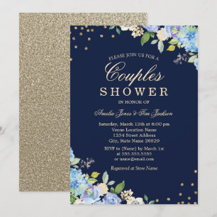Sparkle Bloemen Blauw Goud Koppels Douche Uitnodig Kaart