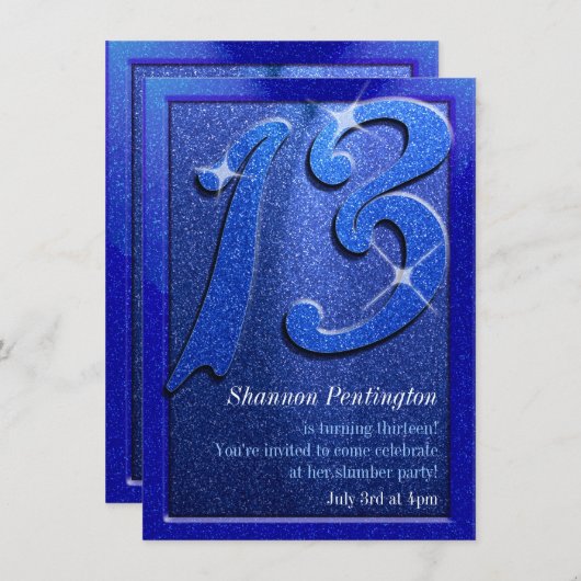 Sparkle Blue 13th Birthday Party Kaart (Voorkant / Achterkant)