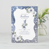Sparkle blue glitter en bloemen 1ste verjaardag kaart (Staand voorkant)