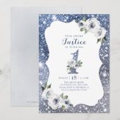 Sparkle blue glitter en bloemen 1ste verjaardag kaart (Voorkant / Achterkant)