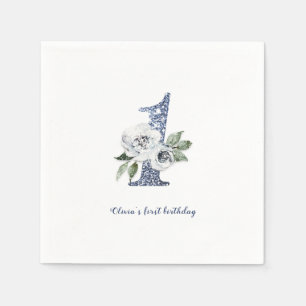 Sparkle blue glitter en bloemen 1ste verjaardag servet