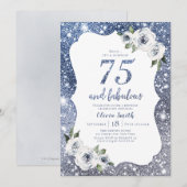 Sparkle blue glitter en bloemen 75e verjaardag kaart (Voorkant / Achterkant)