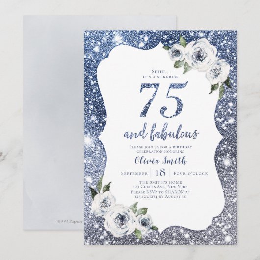Sparkle blue glitter en bloemen 75e verjaardag kaart (Voorkant / Achterkant)