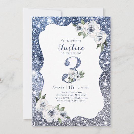 Sparkle blue glitter en bloemen op de derde verjaa kaart (Voorkant)