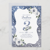 Sparkle blue glitter en bloemen op de derde verjaa kaart (Voorkant / Achterkant)