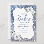 Sparkle blue glitter en floraal baby shower kaart (Voorkant)