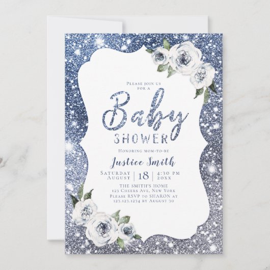Sparkle blue glitter en floraal baby shower kaart (Voorkant)