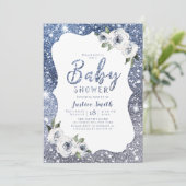 Sparkle blue glitter en floraal baby shower kaart (Staand voorkant)