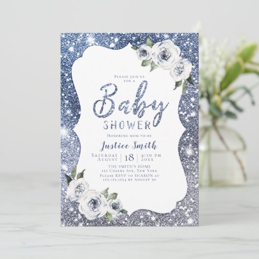 Sparkle blue glitter en floraal baby shower kaart (Staand voorkant)