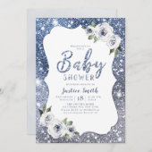 Sparkle blue glitter en floraal baby shower kaart (Voorkant / Achterkant)