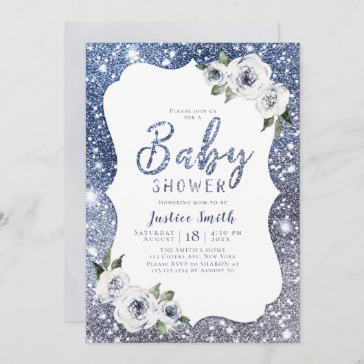 Sparkle blue glitter en floraal baby shower kaart (Voorkant / Achterkant)