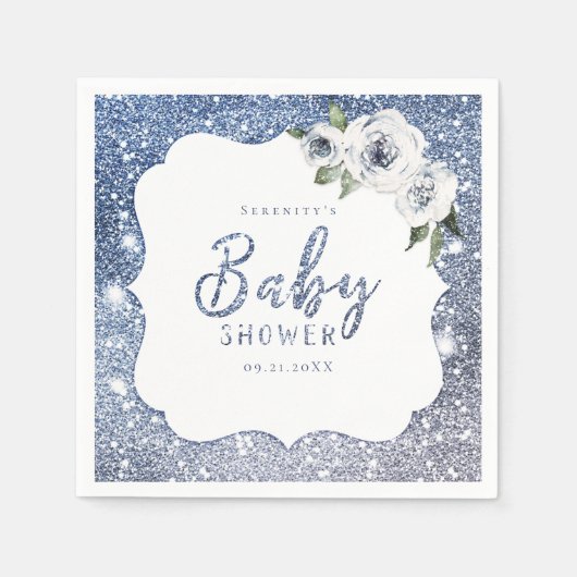 Sparkle blue glitter en floraal baby shower servet (Voorkant)