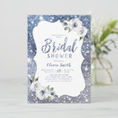 Sparkle blue glitter en floraal vrijgezellenfeest kaart (Staand voorkant)