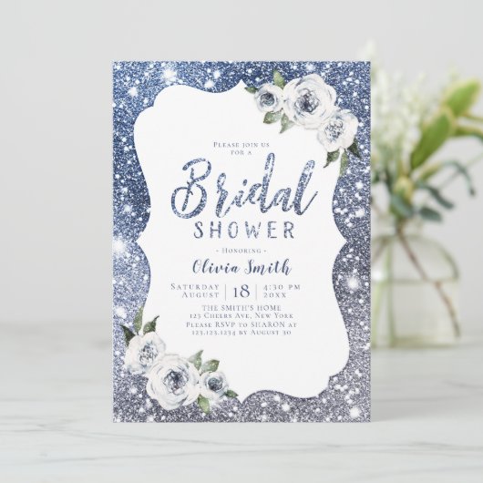 Sparkle blue glitter en floraal vrijgezellenfeest kaart (Staand voorkant)