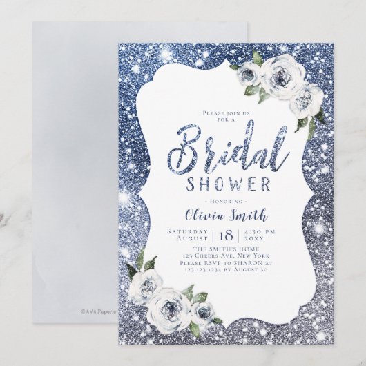 Sparkle blue glitter en floraal vrijgezellenfeest kaart (Voorkant / Achterkant)