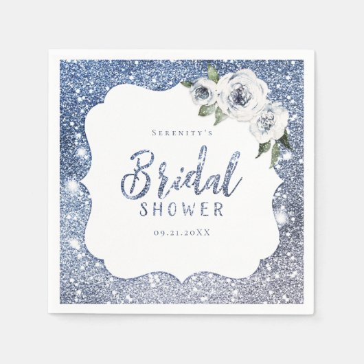 Sparkle blue glitter en floraal vrijgezellenfeest servet (Voorkant)