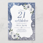 Sparkle blue glitter en floral 21st jarig kaart<br><div class="desc">Faux sparkle zilveren blauw glitter "21 en geweldig" script met stoffige blauwe en witte florale,  elegante en stijlvolle,  geweldige 21e verjaardagsfeestuitnodigingen.</div>