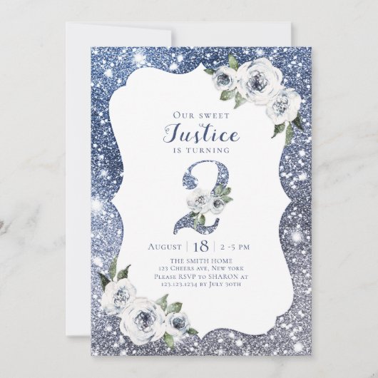 Sparkle blue glitter en floral 2nd jarig kaart (Voorkant)