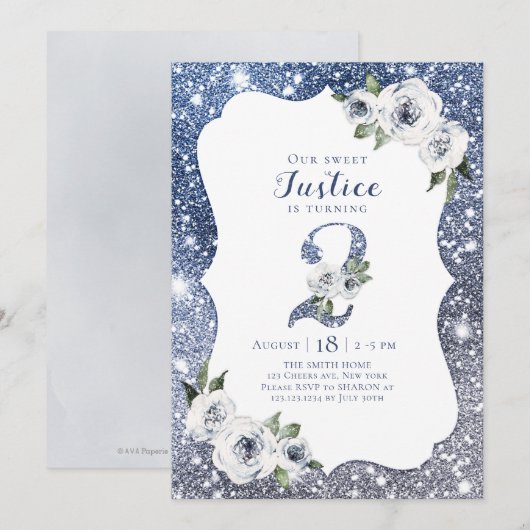 Sparkle blue glitter en floral 2nd jarig kaart (Voorkant / Achterkant)