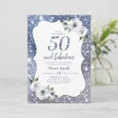 Sparkle blue glitter en floral 50ste verjaardag kaart (Staand voorkant)