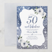 Sparkle blue glitter en floral 50ste verjaardag kaart (Voorkant / Achterkant)
