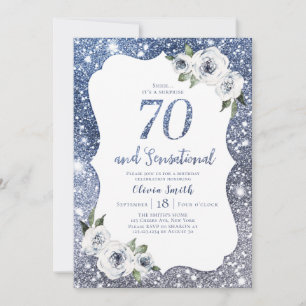 Sparkle blue glitter en floral 70th jarig kaart
