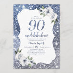 Sparkle blue glitter en floral 90th jarig kaart<br><div class="desc">Faux sparkle zilveren blauw glitter "90 en geweldig" script met stoffige blauwe en witte florale,  elegante en stijlvolle,  geweldige uitnodigingen voor het 90ste verjaardagsfeest.</div>