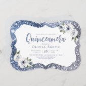 Sparkle blue glitter en floral Quinceanera Kaart (Voorkant / Achterkant)