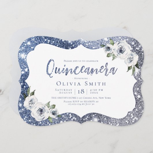 Sparkle blue glitter en floral Quinceanera Kaart (Voorkant / Achterkant)