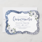 Sparkle blue glitter en floral Quinceanera Kaart (Voorkant)