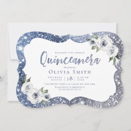 Sparkle blue glitter en floral Quinceanera Kaart