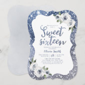 Sparkle blue glitter en floral sweet 16 verjaardag kaart (Voorkant / Achterkant)