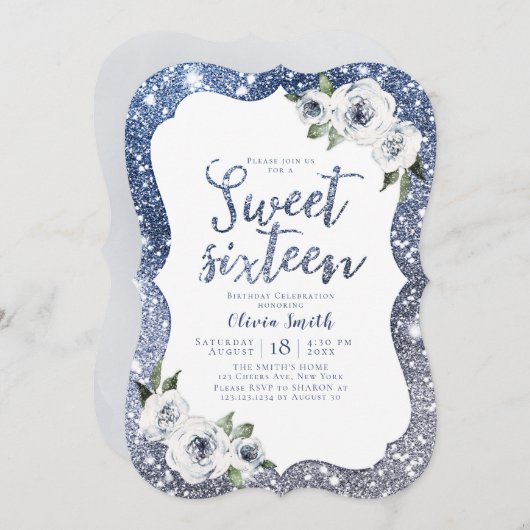 Sparkle blue glitter en floral sweet 16 verjaardag kaart (Voorkant / Achterkant)