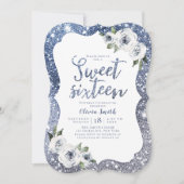 Sparkle blue glitter en floral sweet 16 verjaardag kaart (Voorkant)