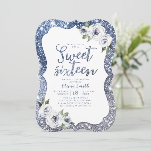 Sparkle blue glitter en floral sweet 16 verjaardag kaart (Staand voorkant)