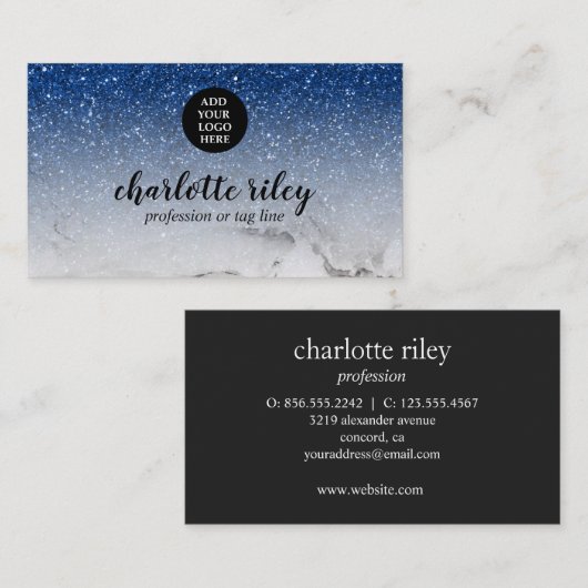 Sparkle Blue Glitter Ombre Cursive Voeg je Logo to Visitekaartje (Voorkant / Achterkant)