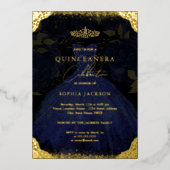 Sparkle Blue Gold Dress Tiara Photo Quinceanera Folie Uitnodiging (Voorkant)