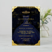 Sparkle Blue Gold Dress Tiara Photo Quinceanera Folie Uitnodiging (Staand Voorkant)